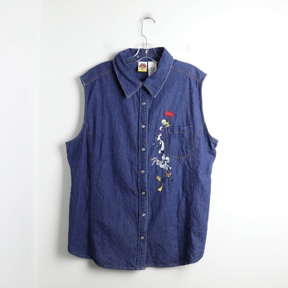 Vintage Disney Looney Tunes embroidered denim shirt blue top sleeveless 3X plus